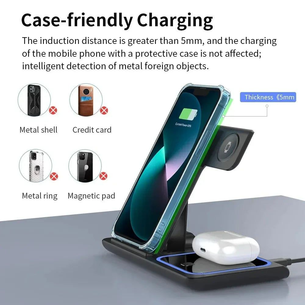 3 in 1 Wireless Charger Stand 30W LED Foldable Wireless Charger For iPhone 16 15 Pro Max iWatch 8 7 Airpods Charge Dock Station