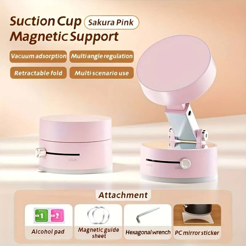 Pink suction cup magnetic support with features listed on a beige background